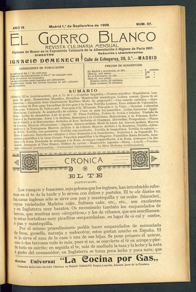 Miniatura de El gorro blanco: revista culinaria mensual del 1 de septiembre de 1909, nº 37