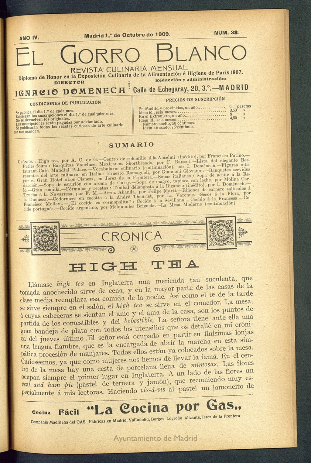 Miniatura de El gorro blanco: revista culinaria mensual del 1 de octubre de 1909, nº 38