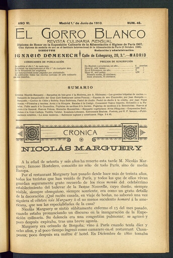 Miniatura de El gorro blanco: revista culinaria mensual del 1 de junio de 1910, nº 46