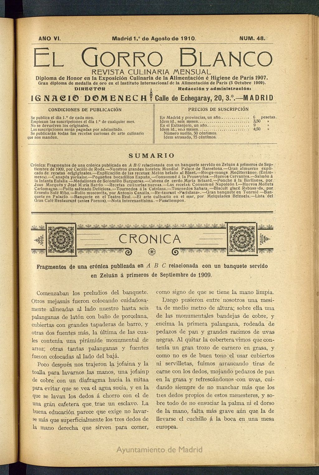 Miniatura de El gorro blanco: revista culinaria mensual del 1 de agosto de 1910, nº 48