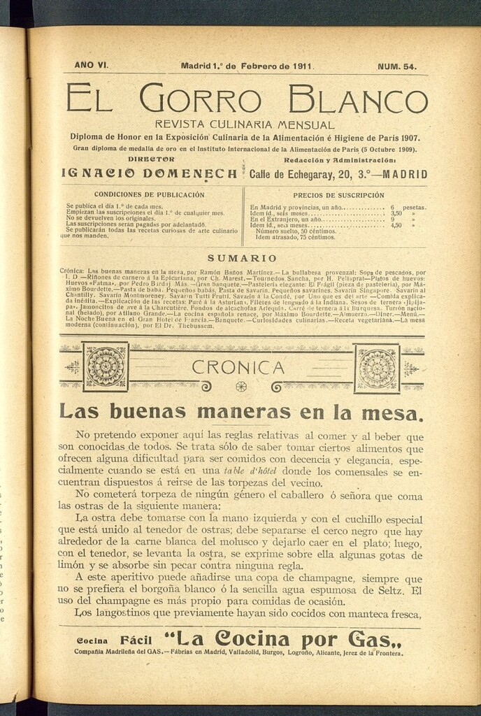 Miniatura de El gorro blanco: revista culinaria mensual del 1 de febrero de 1911, nº 54