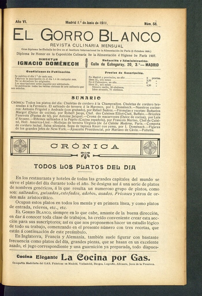 Miniatura de El gorro blanco: revista culinaria mensual del 1 de junio de 1911, nº 58