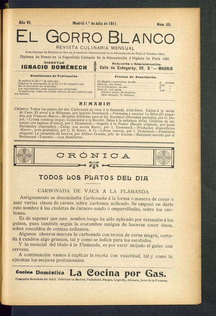 Miniatura de El gorro blanco: revista culinaria mensual del 1 de julio de 1911, nº 59