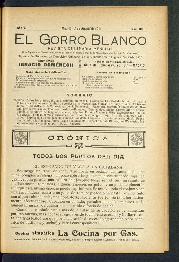 Miniatura de El gorro blanco : revista culinaria mensual del 1 de agosto de 1911, nº 60
