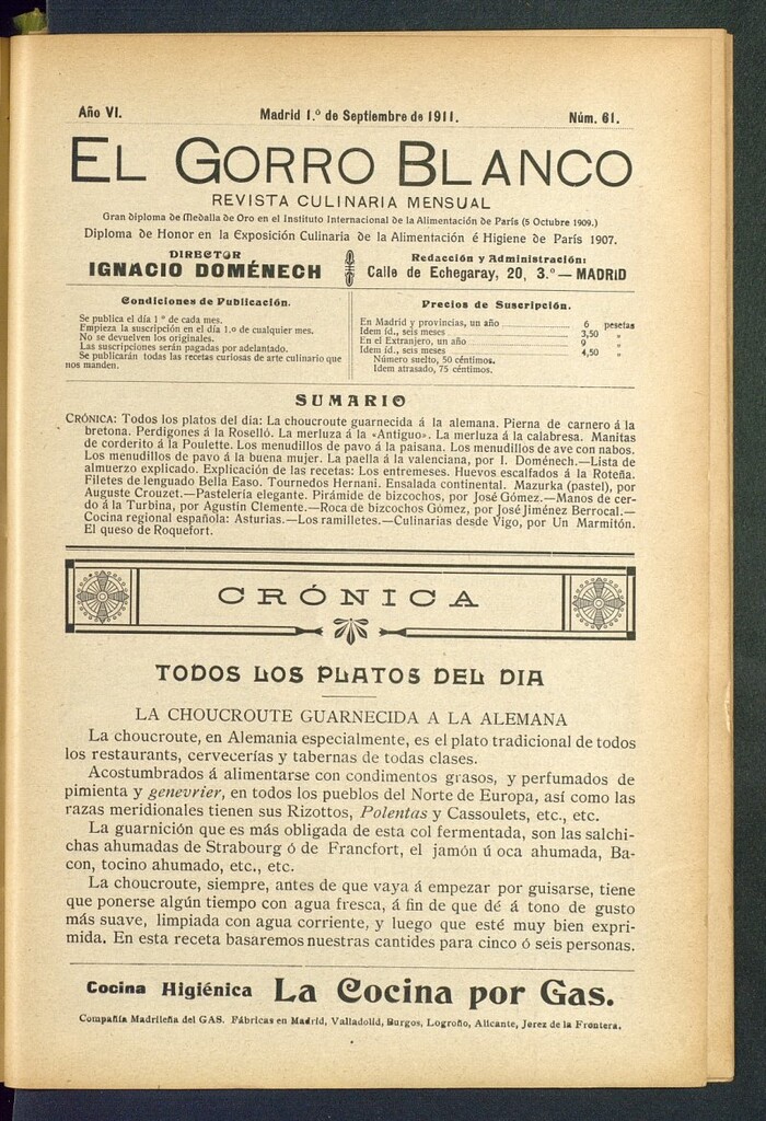Miniatura de El gorro blanco: revista culinaria mensual del 1 de septiembre de 1911, nº 61