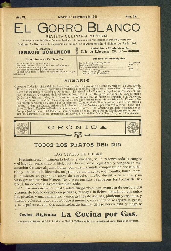 Miniatura de El gorro blanco: revista culinaria mensual del 1 de octubre de 1911, nº 62