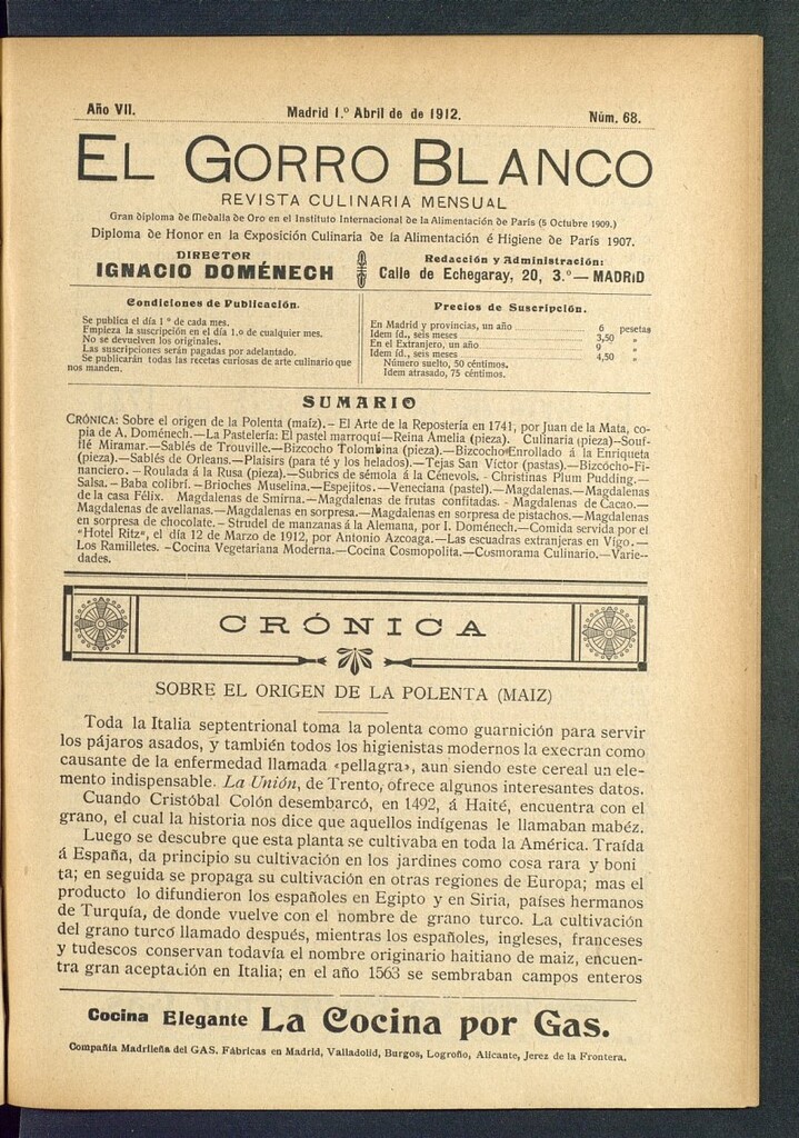 Miniatura de El gorro blanco : revista culinaria mensual del 1 de abril de 1912, nº 68