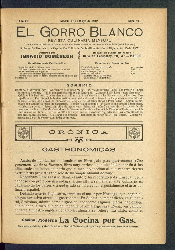 Miniatura de El gorro blanco: revista culinaria mensual del 1 de mayo de 1912, nº 69