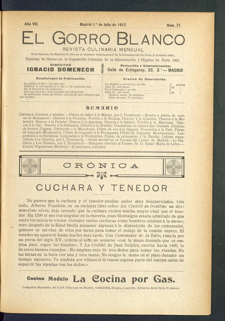Miniatura de El gorro blanco: revista culinaria mensual del 1 de julio de 1912, nº 71