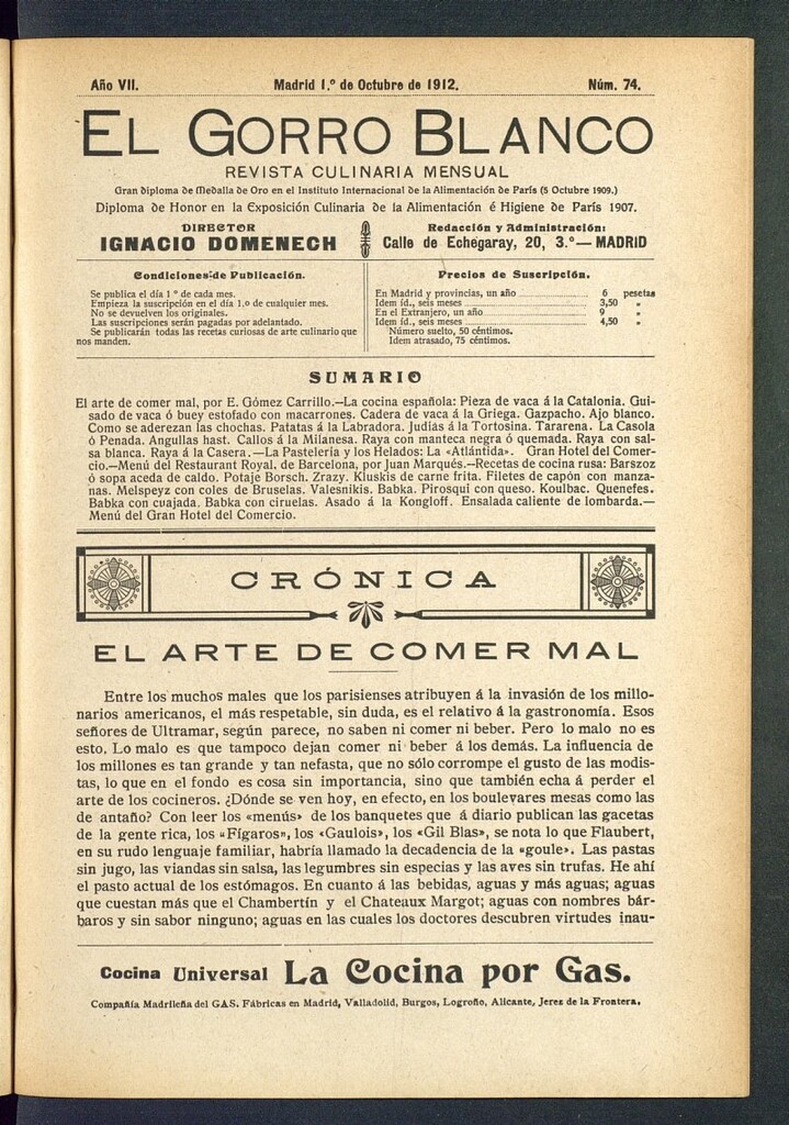 Miniatura de El gorro blanco: revista culinaria mensual del 1 de octubre de 1912, nº 74