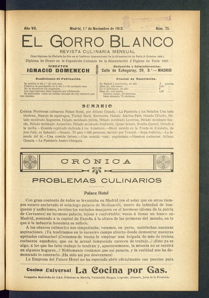Miniatura de El gorro blanco: revista culinaria mensual del 1 de noviembre de 1912, nº 75