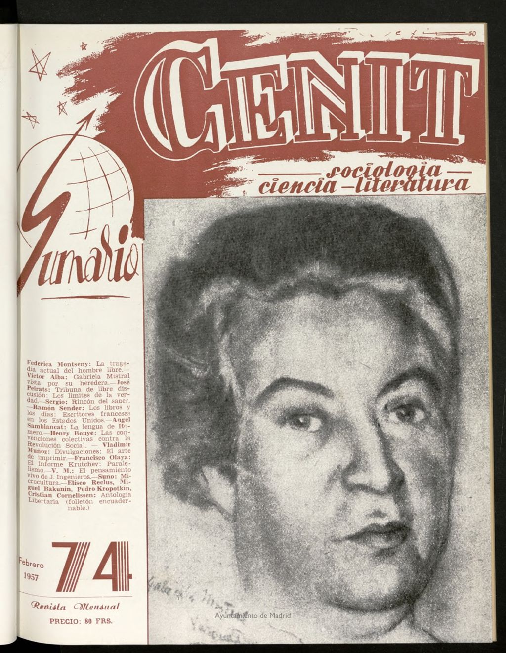 Miniatura de Cenit : revista mensual de Sociología, Ciencia y Literatura de febrero de 1957, nº 74