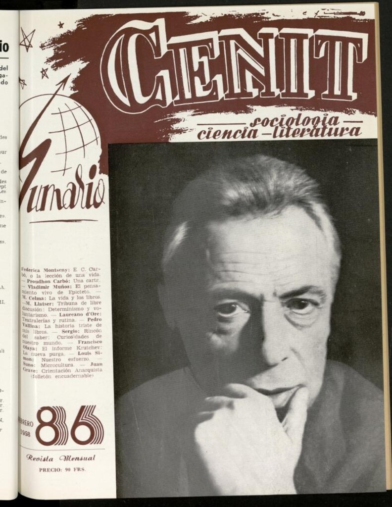 Miniatura de Cenit : revista mensual de Sociología, Ciencia y Literatura de febrero de 1958, nº 86