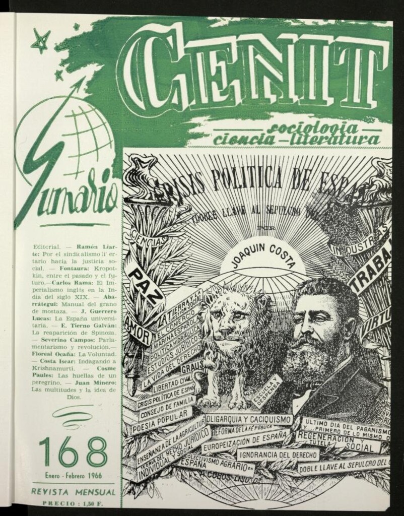 Miniatura de Cenit : revista mensual de Sociología, Ciencia y Literatura de enero-febrero de 1966, nº 168