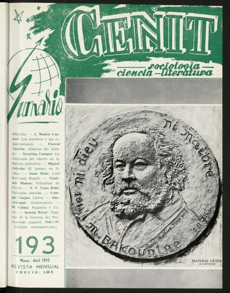 Miniatura de Cenit : revista mensual de Sociología, Ciencia y Literatura de marzo-abril de 1970, nº 193