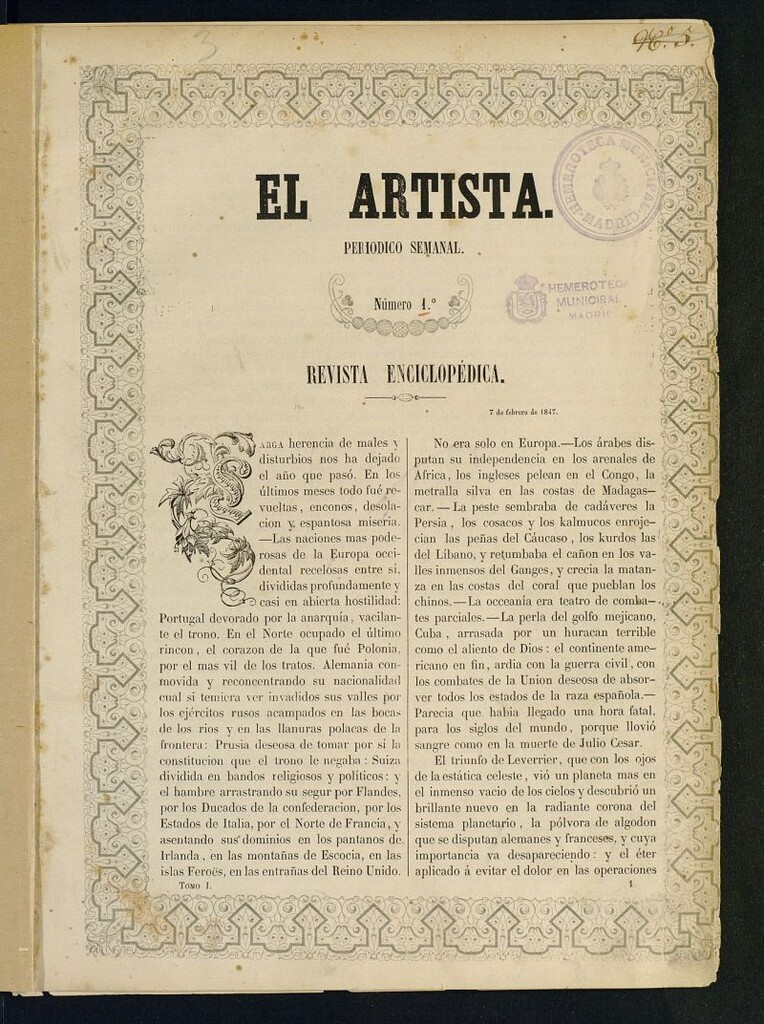 Miniatura de El Artista: periódico semanal del 7 de febrero de 1847, nº 1