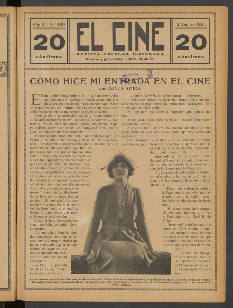 Miniatura de El Cine : revista popular ilustrada del 3 de septiembre de 1921