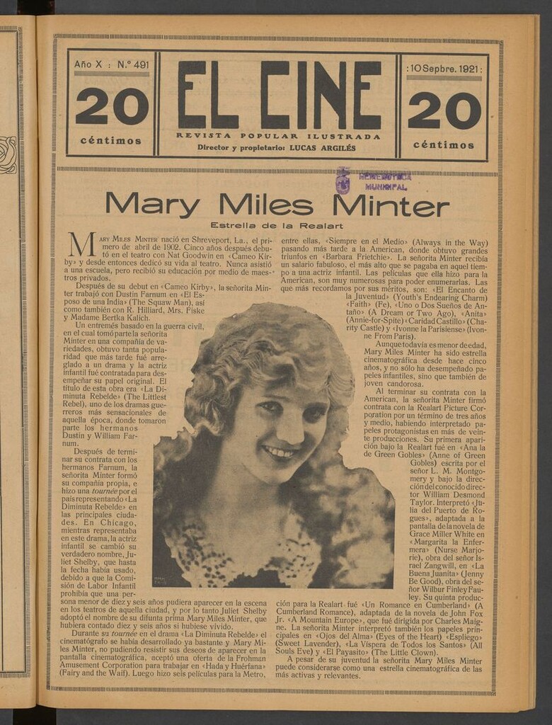 Miniatura de El Cine : revista popular ilustrada del 10 de septiembre de 1921