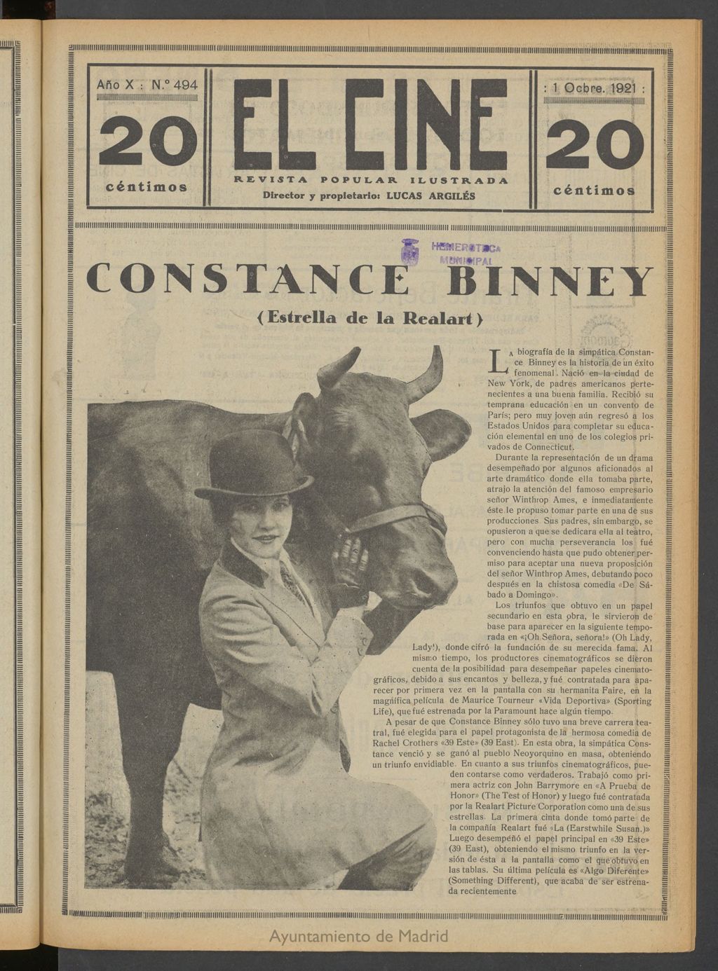 Miniatura de El Cine : revista popular ilustrada del 1 de octubre de 1921
