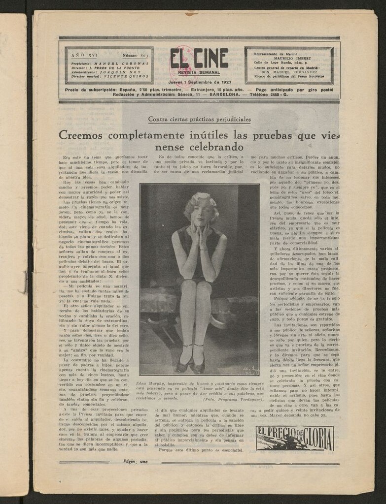 Miniatura de El cine : revista popular ilustrada del 1 de septiembre de 1927