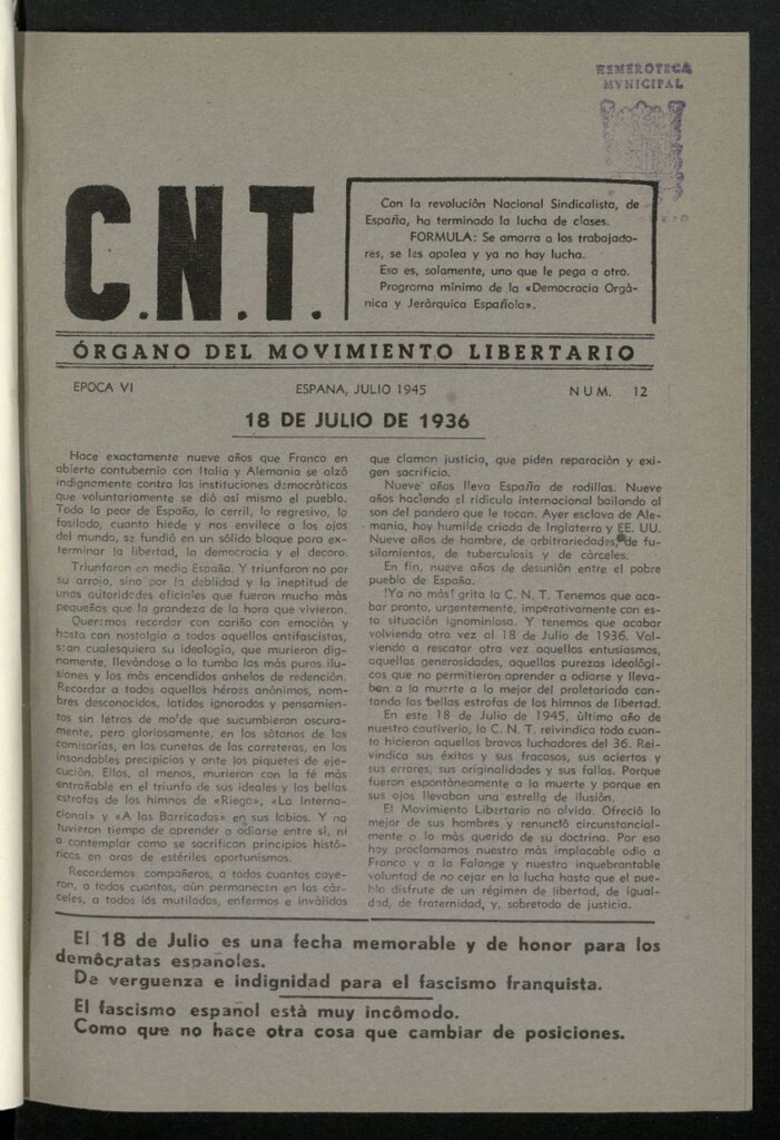 Miniatura de C.N.T.: Organo del Movimiento Libertario, de julio de 1945, nº 12