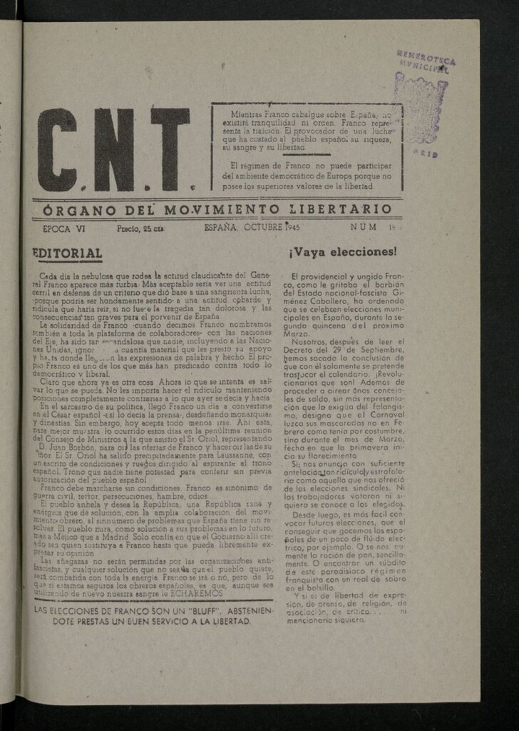 Miniatura de C.N.T. : Organo del Movimiento Libertario, de octubre de 1945, nº 18