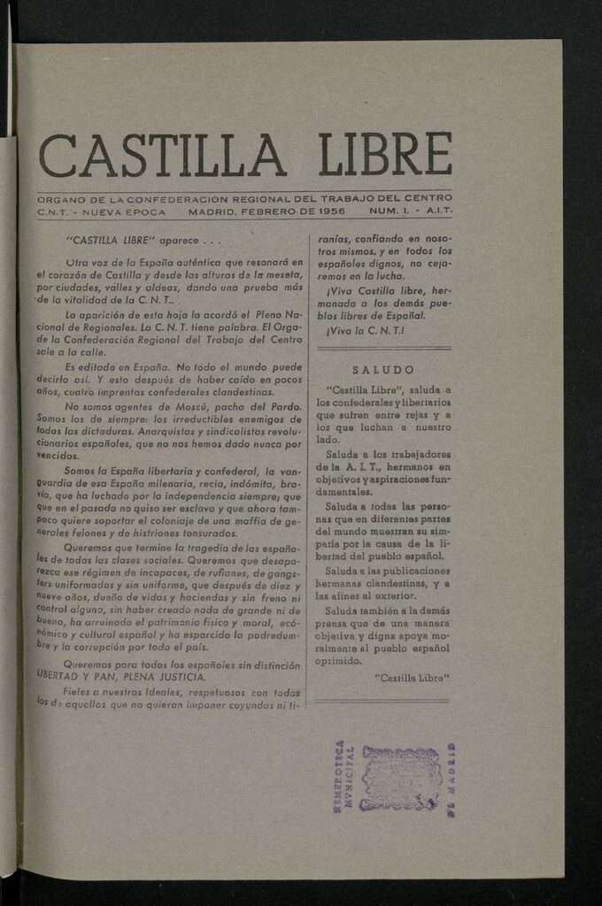 Miniatura de Castilla Libre : órgano de la Confederación Regional del trabajo del centro, de febrero de 1956, nº 1