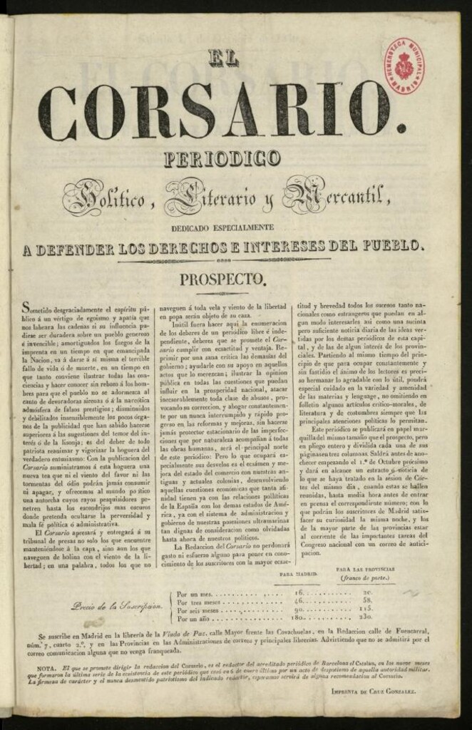 Miniatura de El Corsario : periódico político, literario y mercantil, prospecto