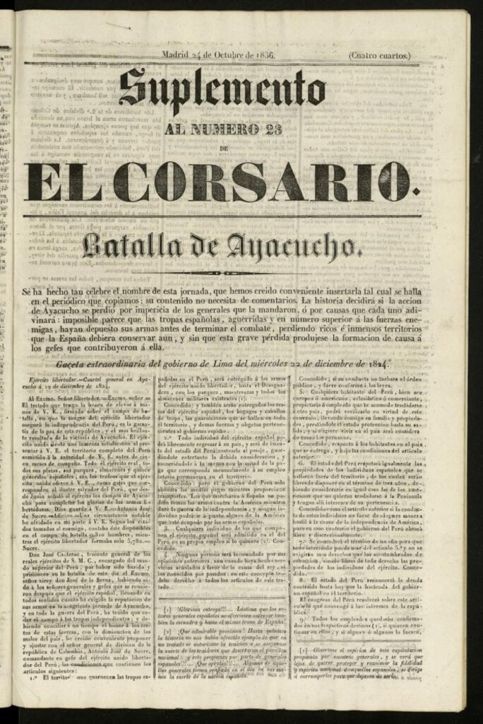 Miniatura de El Corsario del 24 de octubre de 1836, suplemento al nº 23
