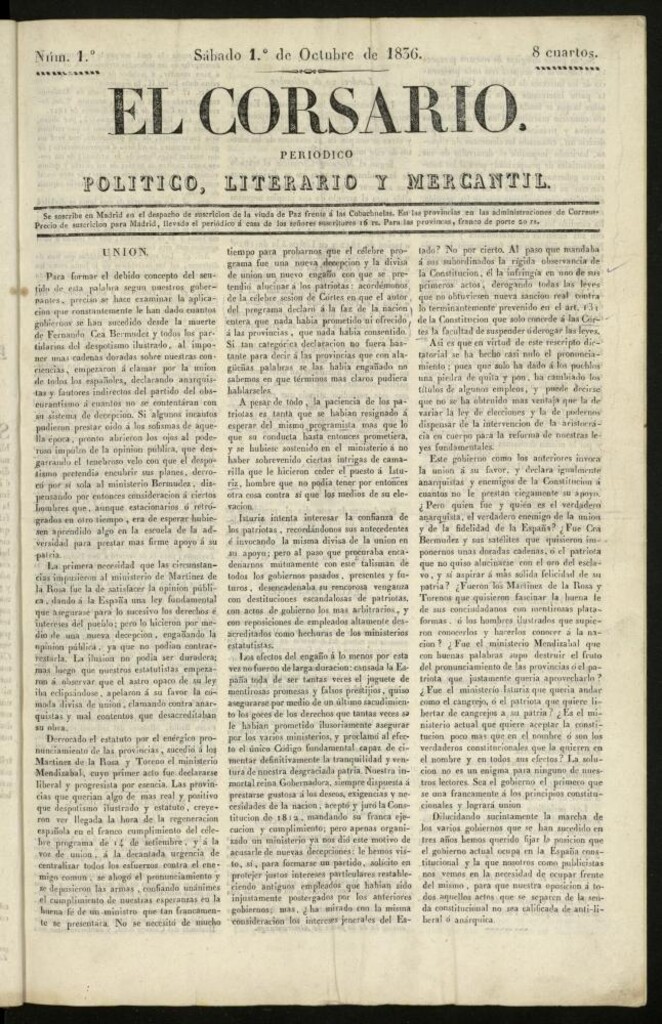 Miniatura de El Corsario : periódico político, literario y mercantil del 1 de octubre de 1836, nº 1