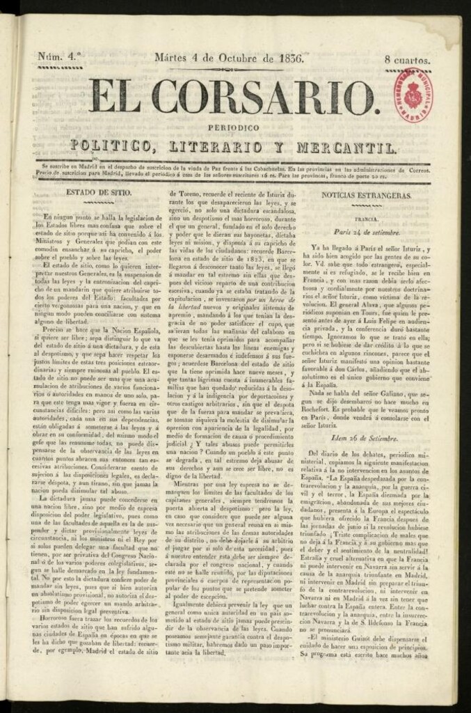 Miniatura de El Corsario : periódico político, literario y mercantil del 4 de octubre de 1836, nº 4
