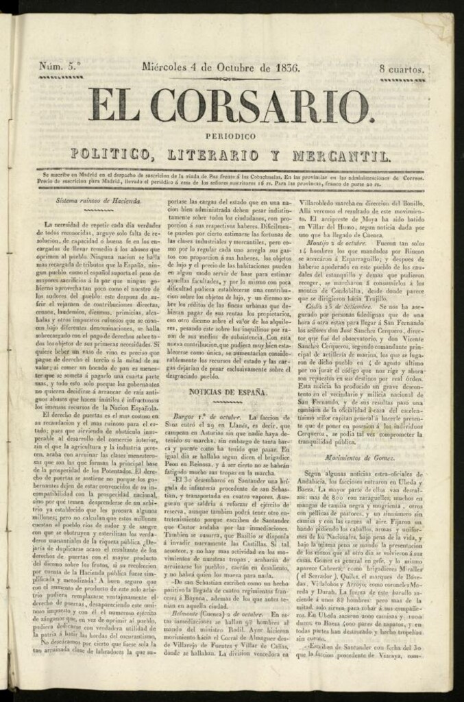 Miniatura de El Corsario : periódico político, literario y mercantil del 4 [sic] de octubre de 1836, nº 5