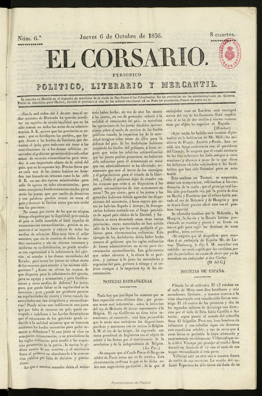 Miniatura de El Corsario : periódico político, literario y mercantil del 6 de octubre de 1836, nº 6