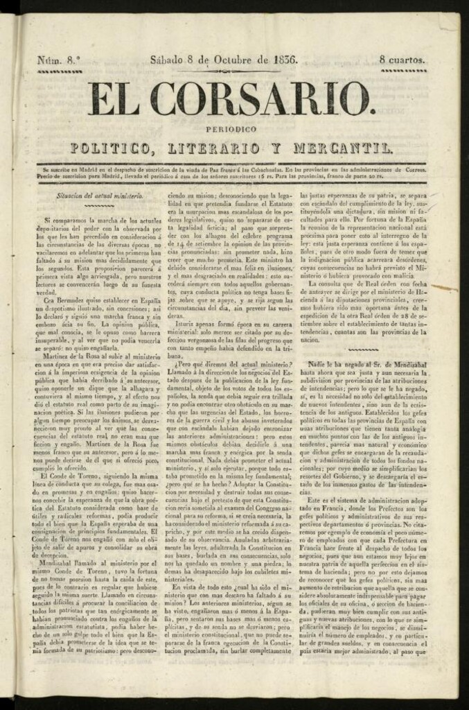 Miniatura de El Corsario : periódico político, literario y mercantil del 8 de octubre de 1836, nº 8