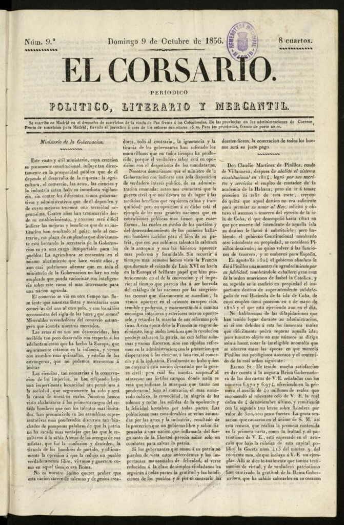 Miniatura de El Corsario : periódico político, literario y mercantil del 9 de octubre de 1836, nº 9