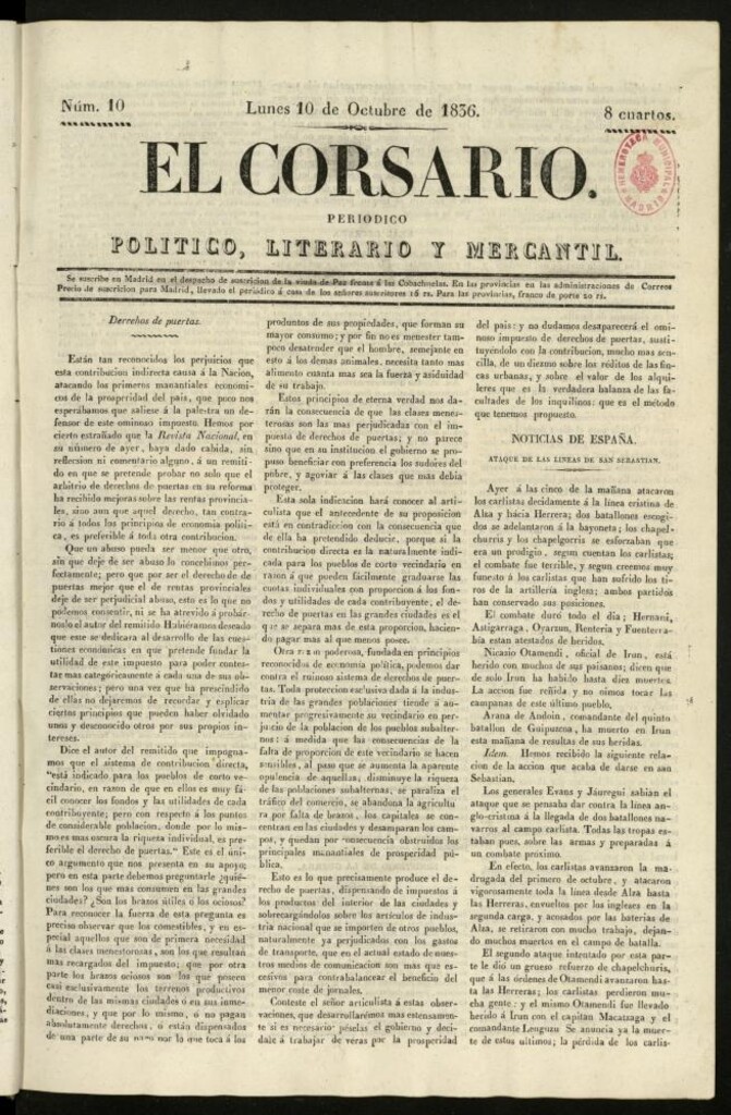 Miniatura de El Corsario : periódico político, literario y mercantil del 10 de octubre de 1836, nº 10