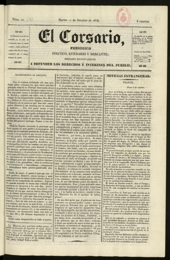 Miniatura de El Corsario : periódico político, literario y mercantil del 11 de octubre de 1836, nº 12 [sic]