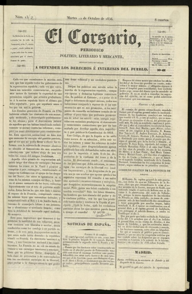 Miniatura de El Corsario : periódico político, literario y mercantil del 12 de octubre de 1836, nº 13 [sic]