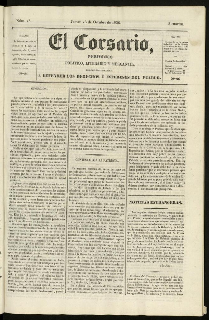 Miniatura de El Corsario : periódico político, literario y mercantil del 13 de octubre de 1836, nº 13