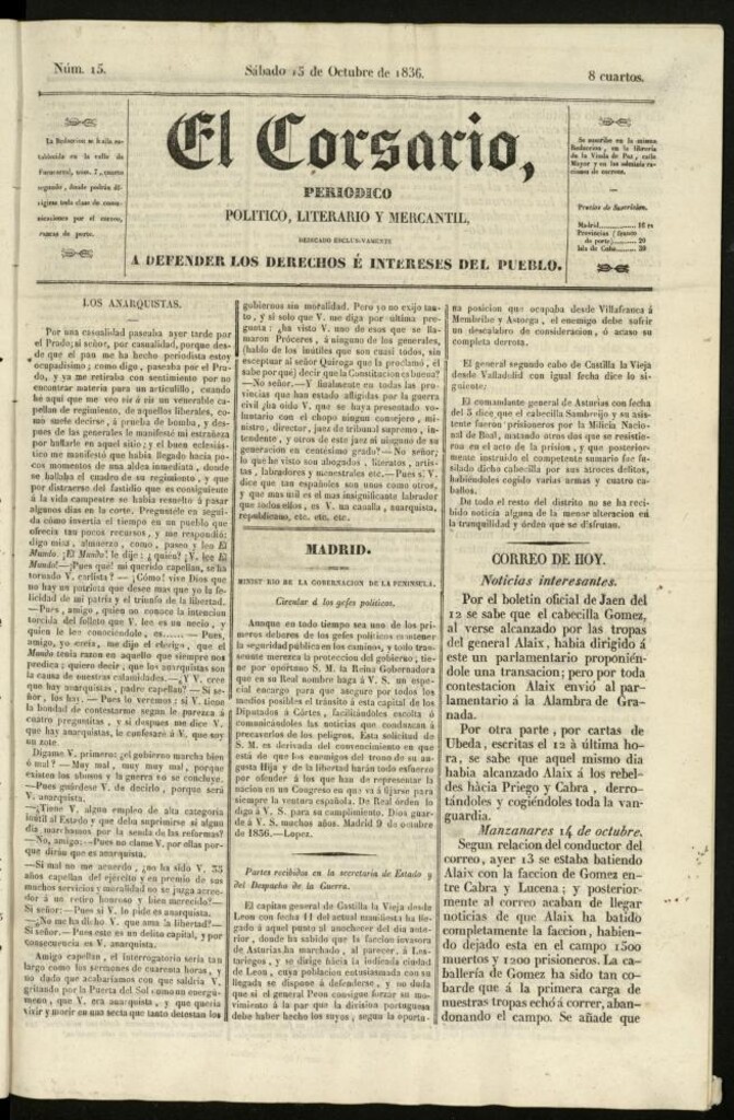 Miniatura de El Corsario : periódico político, literario y mercantil del 15 de octubre de 1836, nº 15