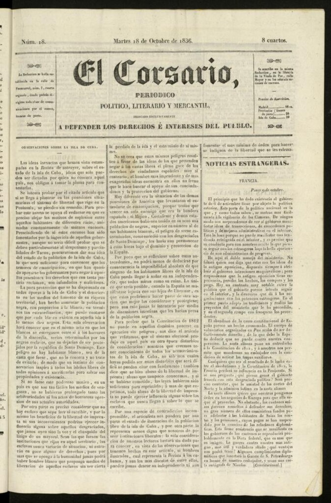 Miniatura de El Corsario : periódico político, literario y mercantil del 18 de octubre de 1836, nº 18