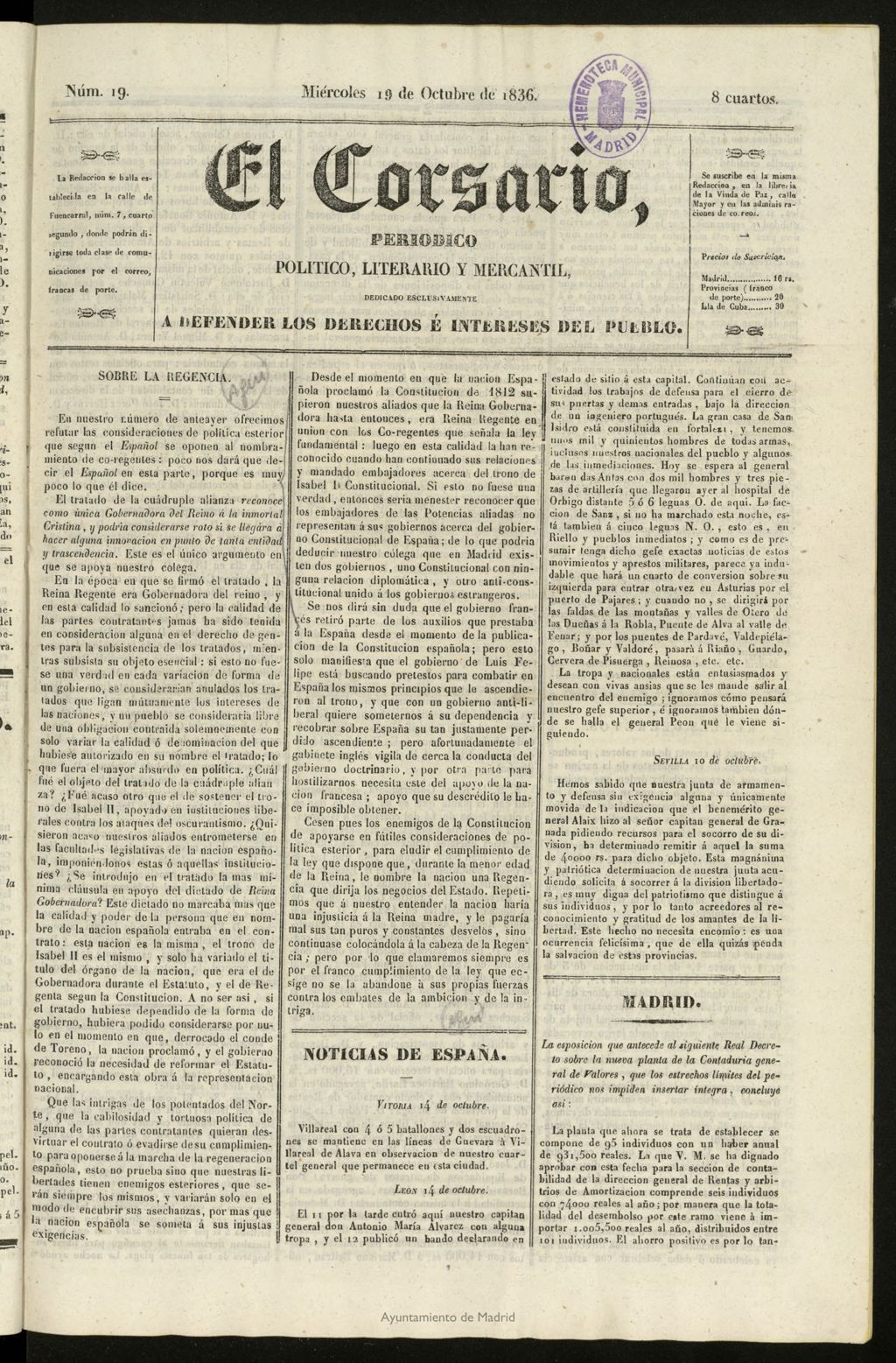Miniatura de El Corsario : periódico político, literario y mercantil del 19 de octubre de 1836, nº 19