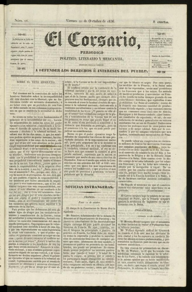 Miniatura de El Corsario : periódico político, literario y mercantil del 21 de octubre de 1836, nº 21
