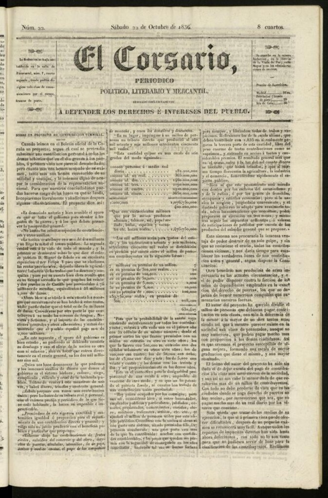 Miniatura de El Corsario : periódico político, literario y mercantil del 22 de octubre de 1836, nº 22