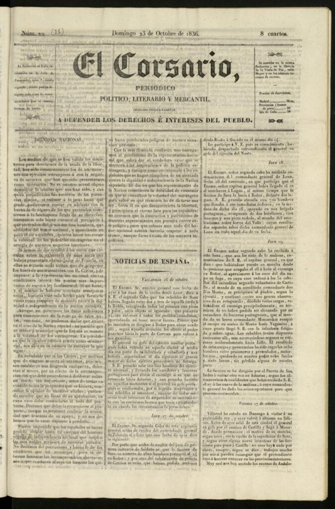 Miniatura de El Corsario : periódico político, literario y mercantil del 23 de octubre de 1836, nº 22 [sic]