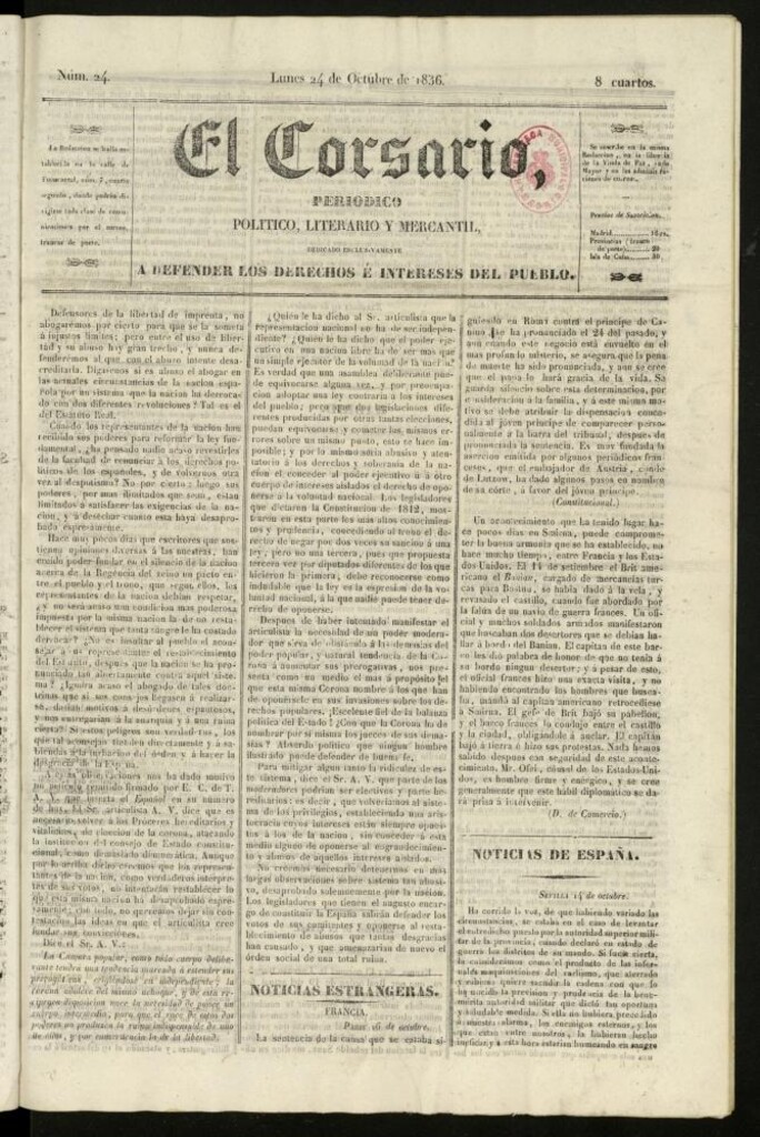 Miniatura de El Corsario : periódico político, literario y mercantil del 24 de octubre de 1836, nº 24