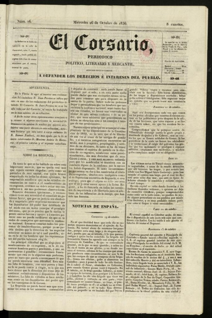 Miniatura de El Corsario : periódico político, literario y mercantil del 26 de octubre de 1836, nº 26