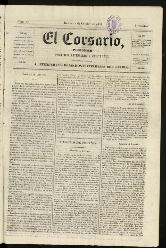 Miniatura de El Corsario : periódico político, literario y mercantil del 27 de octubre de 1836, nº 27
