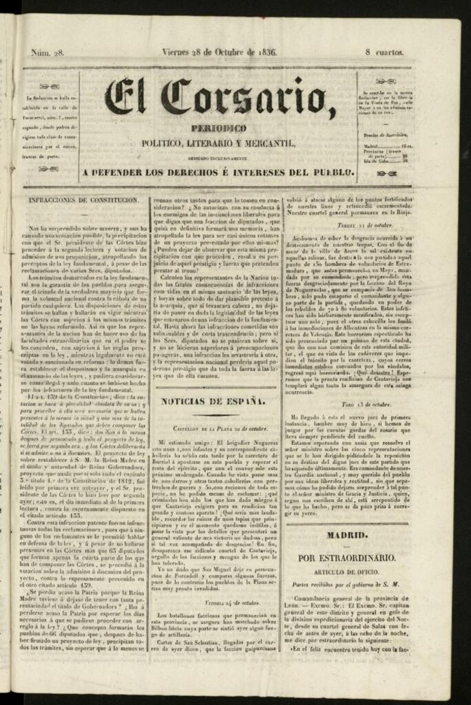 Miniatura de El Corsario : periódico político, literario y mercantil del 28 de octubre de 1836, nº 28
