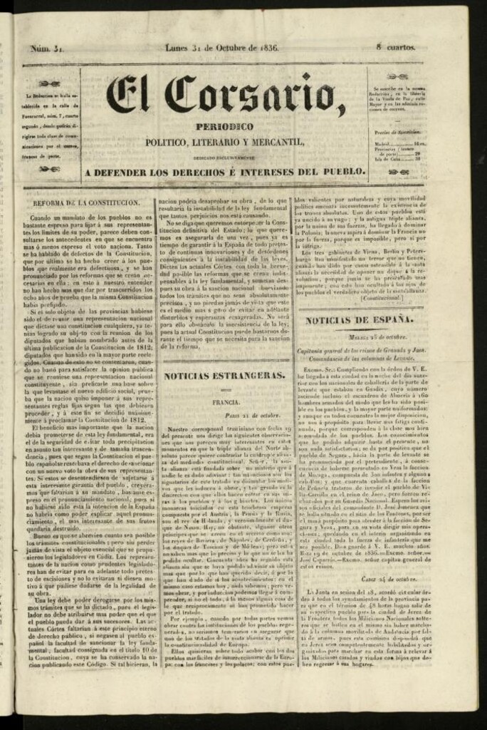Miniatura de El Corsario : periódico político, literario y mercantil del 31 de octubre de 1836, nº 31